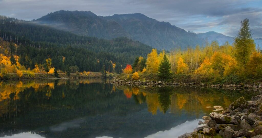 紅葉に色づく山と湖の風景